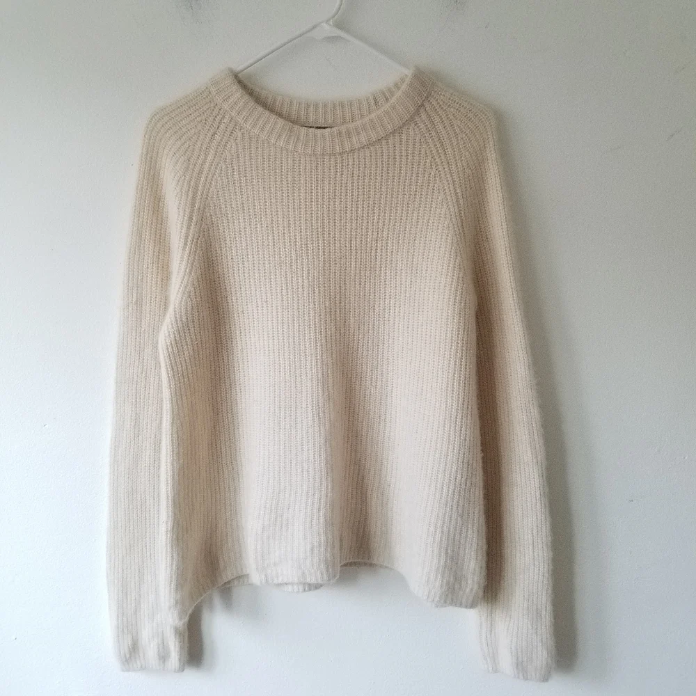 Quince 100% Cashmere Fisherman Ribbed Knit Cream Crew Neck Sweater Size Large - Picture 2 of 12
